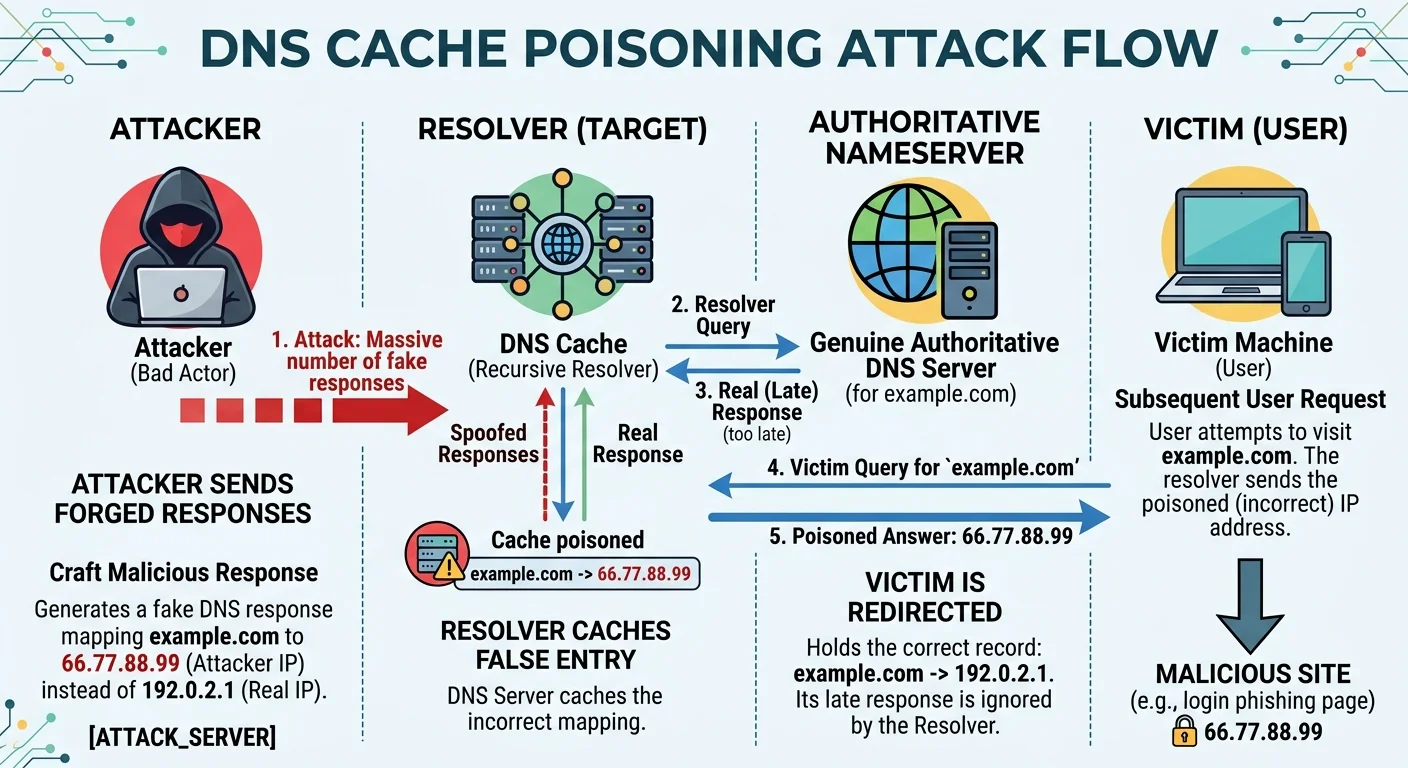 Illustration of DNS cache poisoning attack sequence showing forged response injection