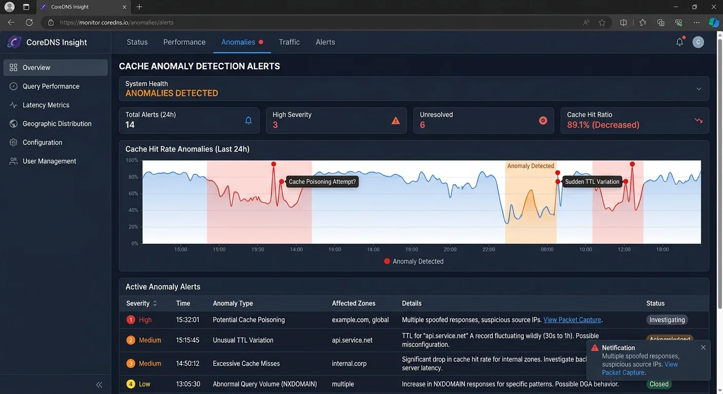 DNS security monitoring dashboard displaying cache poisoning detection alerts and resolver health metrics